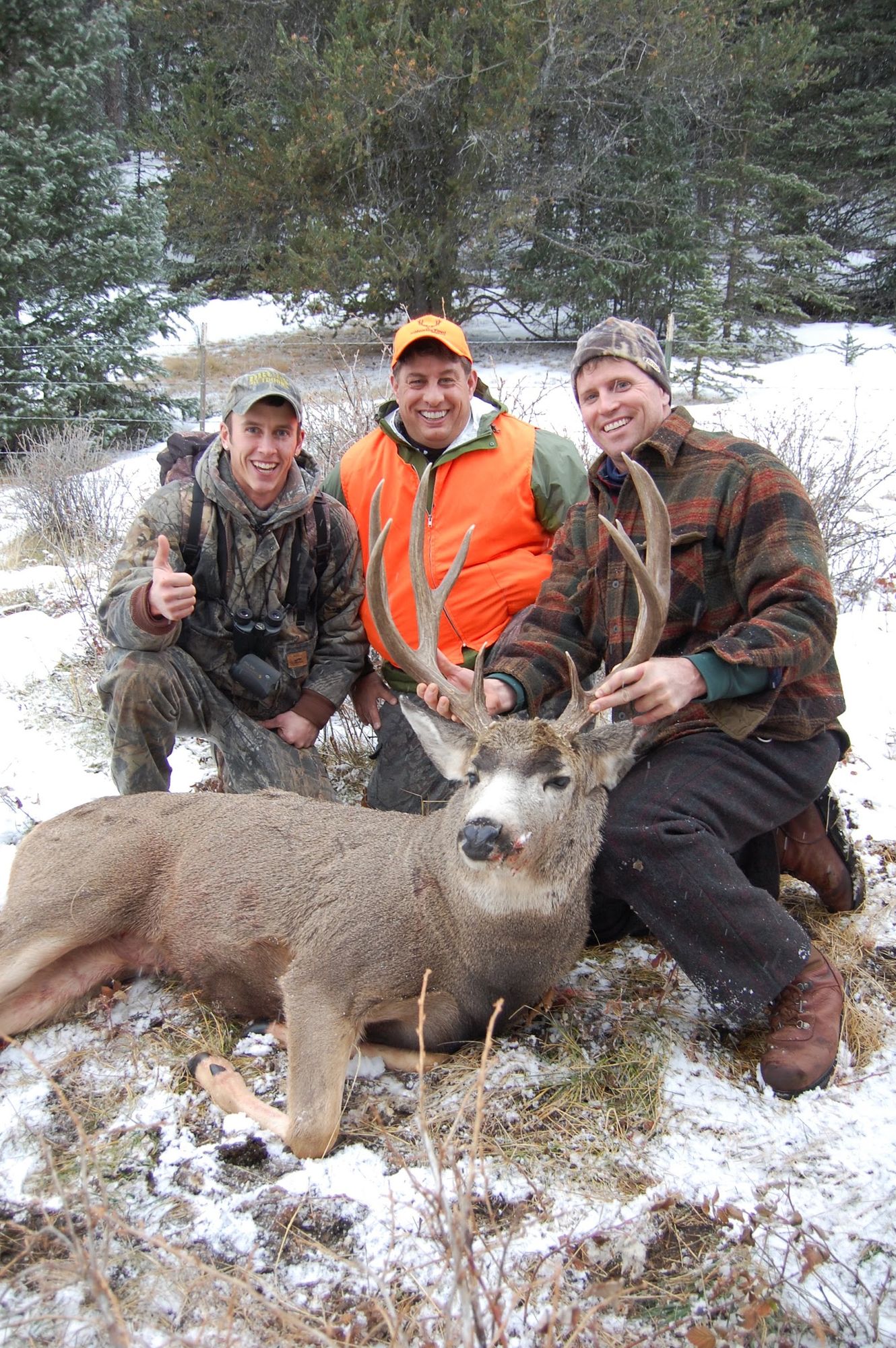 Three hunters with a mule deer buck in fresh snow at Elk Glade