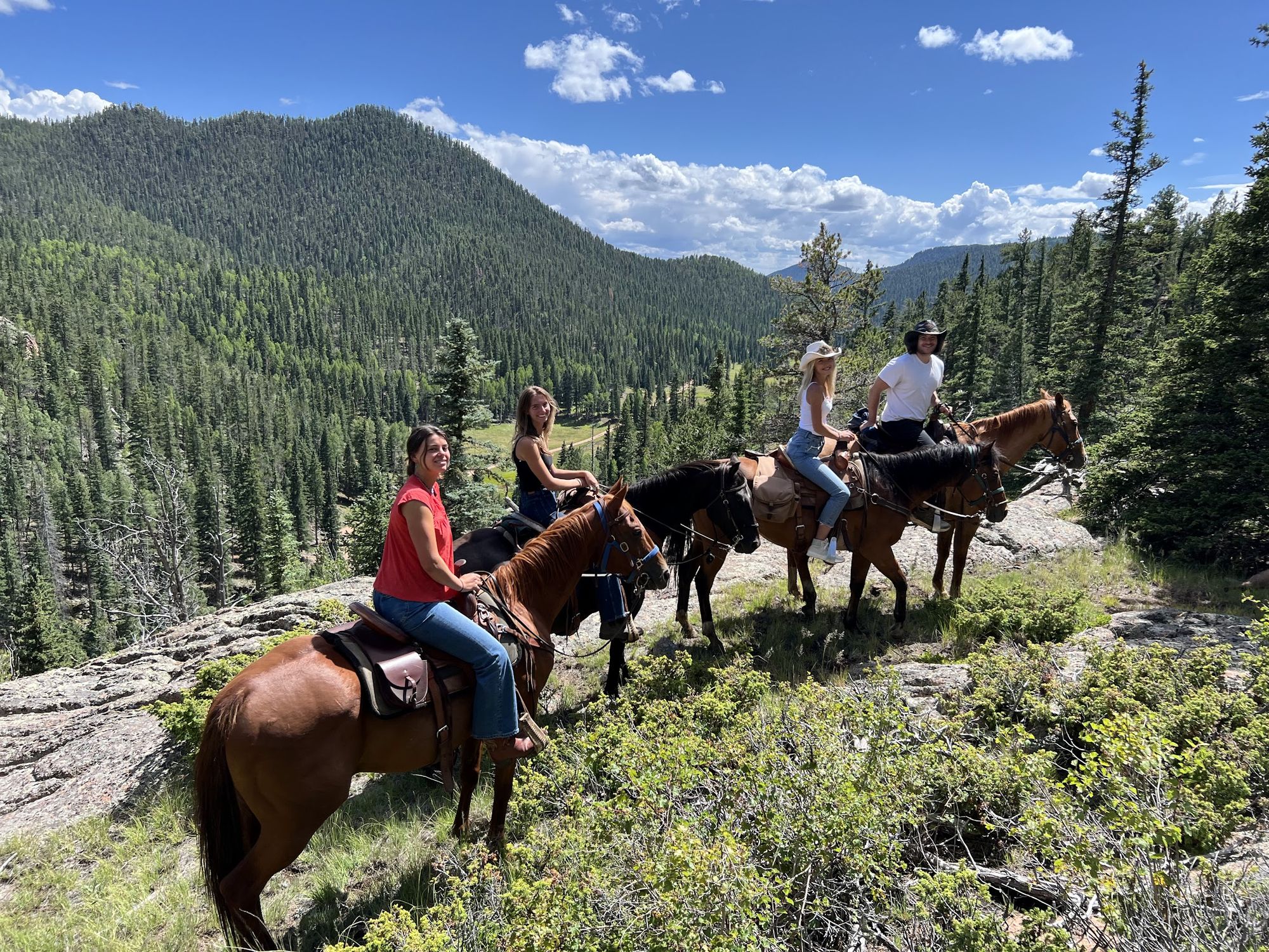 Riders on a rocky ridge above the forested East Beaver Valley
