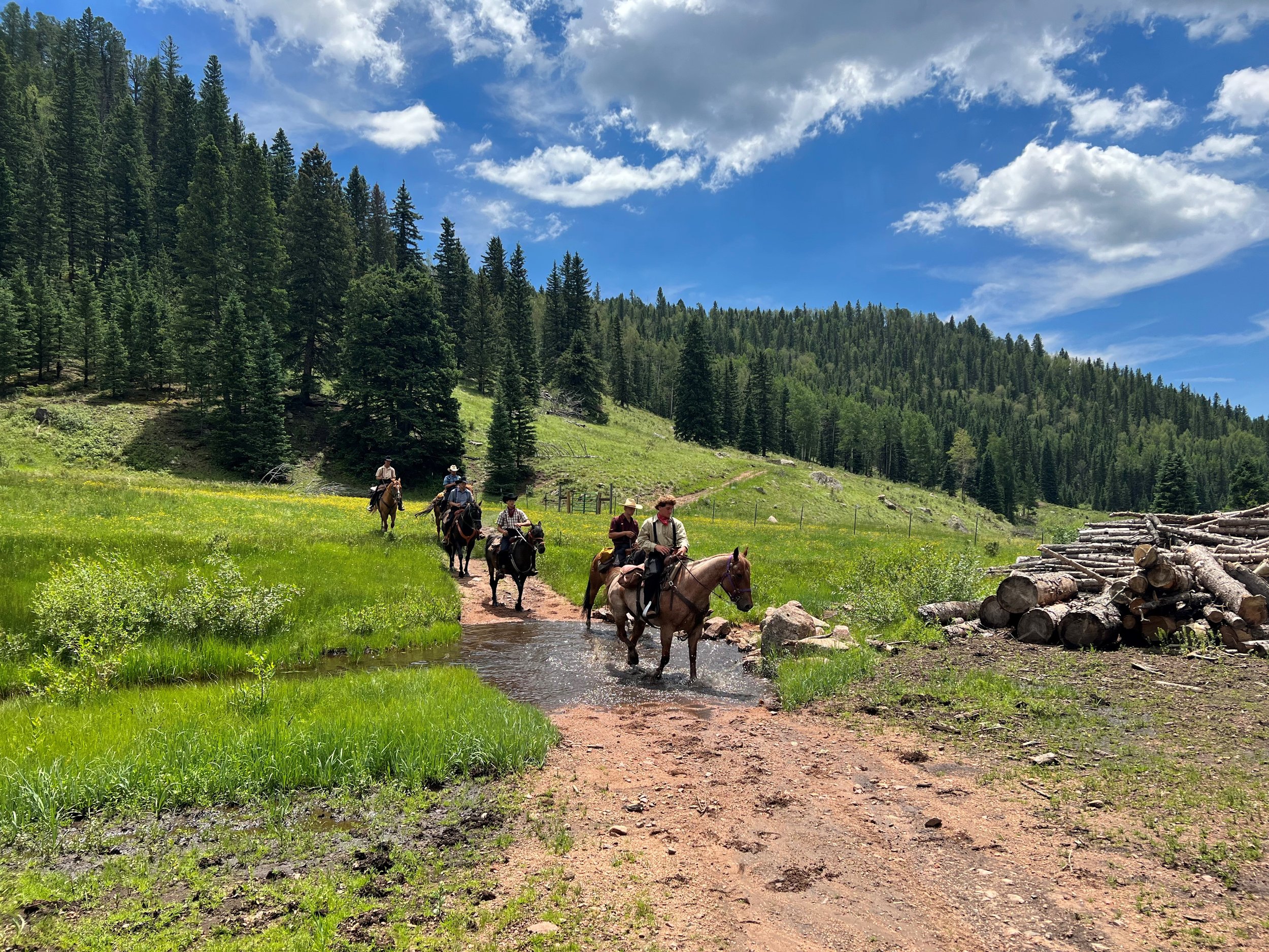 Riders heading down a ranch trail past a stacked log pile at Elk Glade